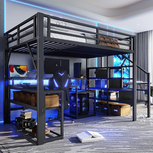 Lubvtti Cama alta de hierro 140 x 200 con luz LED, escritorio, puerto USB, compartimento de almacenamiento, escalera con espacio de almacenamiento, litera para niños, estructura de cama para niños