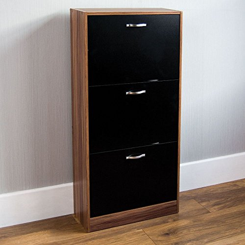 Vida Designs Meuble à Chaussures à 3 Tiroirs, Armoire de Rangement pour Chaussures, Meuble de Couloir en Bois Abattant, Noyer et Noir, 118 x 60 x 24 cm