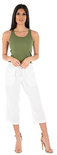 Ladies Linen 3 Three Quarter Length Trouser Womens Cropped Capri 3/4 Pants Casual Summer Holiday Relaxed Fit Shorts Comfortable Bottoms Elasticated Tie Waist Loose Plain Fitting Trousers(White,UK 18)