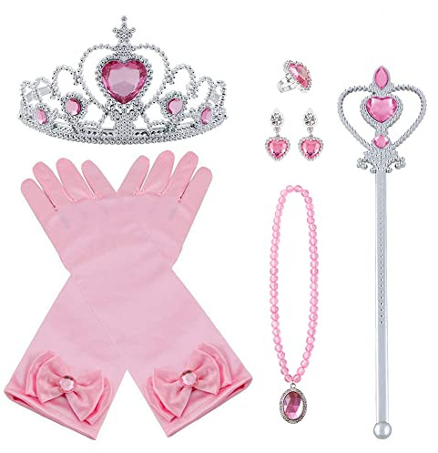 Vicloon Elsa Dress Up Accessories Set of 9, Elsa Gloves, Princess Crown, Ring, Earring, Magic Wand and Necklace (Pink)