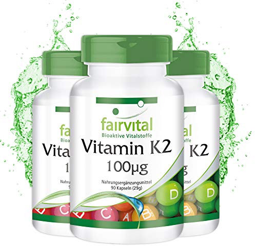 Fairvital | Vitamin K2 MK-7 100µg - 270 Kapseln (90x3) - HOCHDOSIERT - Menaquinon MK-7 - natürlich & fermentiert aus Natto - VEGAN