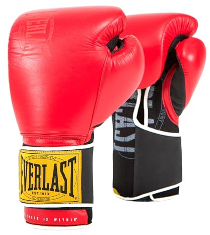 Everlast 1910 Classic 12oz Trainings-Boxhandschuhe Rot, Lederhandschuhe für Sandsack & Pratzen, Klettverschluss, Polsterung, ergonomischer Griff – Original Everlast