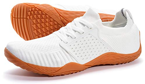 WHITIN Women's Low Zero Drop Shoes Minimalist Barefoot Trail Running Camping Size 7.5-8 Wide Toe Box Lady Fitness Lightweight Sneaker White/Gum 38