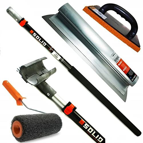 SOLID PROFI SET - Flächenspachtel edelstahl mit aluminium teleskopstange und stielaufnahme für spachtel - Reibebrett Kunststoff mit Schwammgummi und Rollspachtel - MADE IN EU (55 cm)