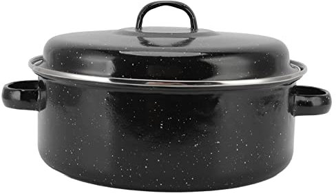 Folanda Covered Round Roaster, Non Stick Roasting Panw/Lid&Shelf, Speckled Black Large Capacity Multi Use Roaster Pan, Enamel Broiler Pan Turkey, Meat, Vegetables, Chestnuts(26cm)
