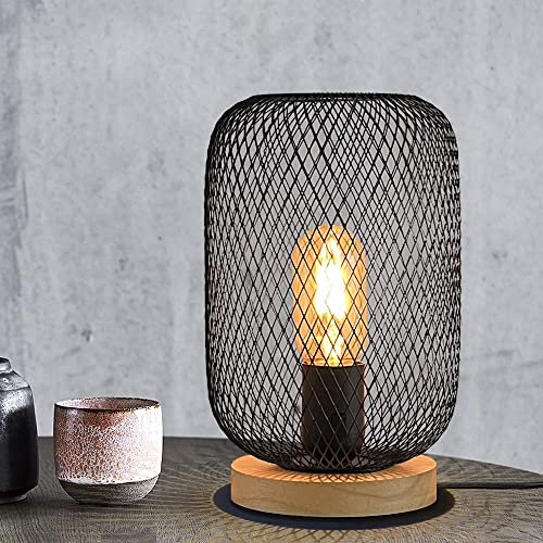 Sedom Bedside Lamps for Bedroom, 24cm High Modern Black Table Lamp, Metal Cage Bedside Table Lamps with Wooden Base for Reading, Bedroom, Living Room, Study, Office,Christmas (E27 Bulb Included)