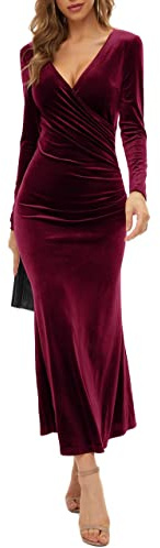 Women's Package Hip Skirt V-Neck Slim Business Mid-Waist Long-Sleeved Velvet Fishtail Dress Evening Dress