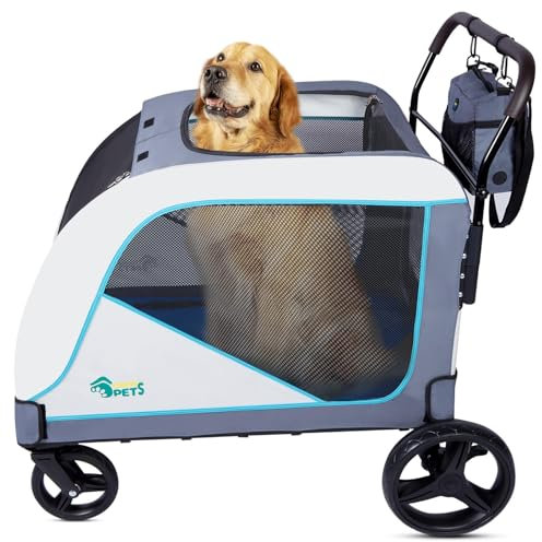 Ownpets Extra großer Hundebuggy für mittelgroße und große Hunde bis 70kg, mit Aufbewahrungstasche, verstellbarem Griff, atmungsaktives Netz, faltbar, 4 Gummi-Räder