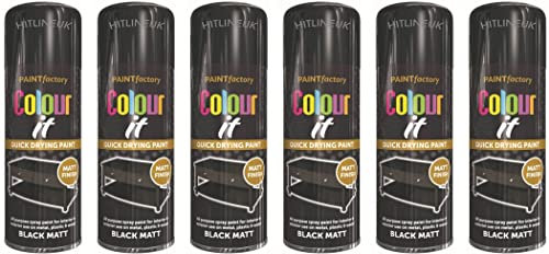 HitlineUK BLACK SPRAY PAINT - 6 X 400ML MATT BLACK PAINT FOR WOOD, PLASTIC, METAL