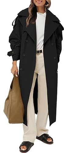 Farktop Womens Oversized Long Trench Coat Double Breasted Lapel Windproof Overcoat with Belt