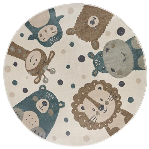 Hanse Home Adventures Alfombra Infantil Redonda, diseño de Animales, león y Oso, para habitación Infantil, Sala de Juegos, habitación Juvenil, salón, Color Crema, marrón y Azul, 140 cm