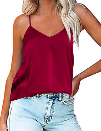 Ekouaer Dam satin linne linne silke cami camisole undertröjor spagettiremmar v-ringad basic tankar justerbar rem, S–XXL, 1 st djupröd, XL