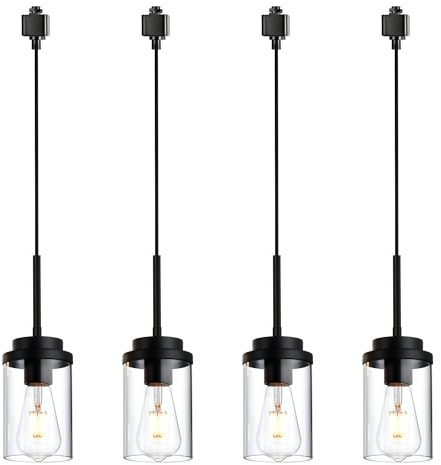 MELUCEE 4 Pack H-Type Track Lighting Pendants Black Ceiling Track Hanging Light Fixtures with Clear Glass Shades, Compatible with H Type Track Lighting Rail, E26 Socket