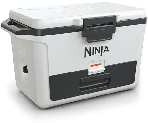 Ninja FrostVault Hard Cooler 50qt/47L, Premium Heavy-Duty Insulated Cool Box, Keeps Ice for up to 6 Days, with Dry Zone integrated Fridge-Temp Dry Storage Drawer, Fits 80 Cans, Cloud White FB151UKWH