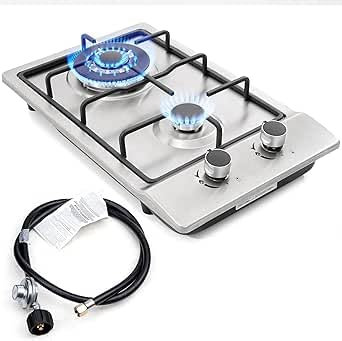 VELPAX Stainless Steel Gas Hob, 2 Burners with Flame Failure Protection, Cast Iron Grille, 110cm Power Cable, LPG/NG Kit, 51cm x 31cm