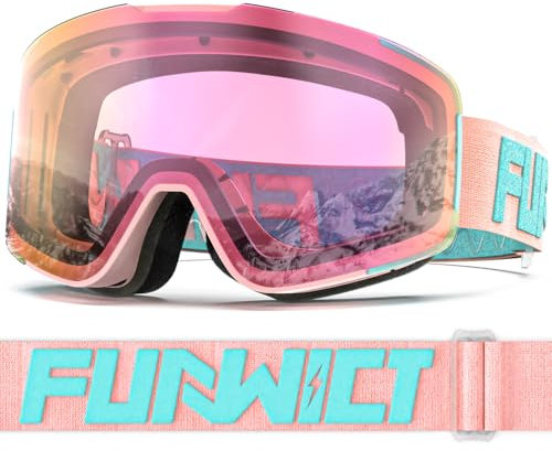 FUNWICT Skibrille Herren Damen Skibrille für Brillenträger Anti-Beschlag mit UV-Schutz Winddichte Skibrille Kompatibel mit Skihelm für Skating Snowboard Snowmobile (Rosa)