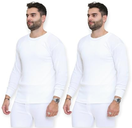 AFR® Pack of 2 Mens Thermal Long Sleeve Base Layer Top - Adults Winter Ski Inner Vest Warm Underwear T-Shirts - Quick Dry Undershirt for Outdoor Sports Running (White, X-Large)