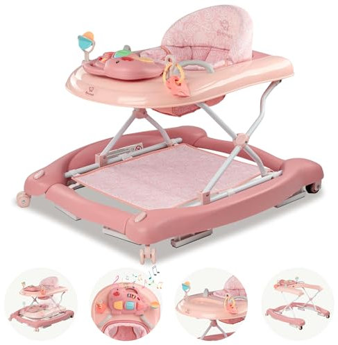 BRONEA® 5-in-1 Babywalker Gehfrei | Lauflernhilfe mit Schaukelfunktion, Musik & Licht | Laufhilfe für Baby ab 6 Monate | Höhenverstellbar | Klappbar | Rosa