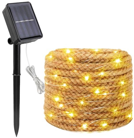 Corde de Guirlande Lumineuse Solaire Exterieure: 7M 100 LED Guirlande Solaire en Sisal 8 Modes Étanche Lampe Décoratives pour Jardin Clôture Terrasse Balcon Anniversaire Mariage Noël, Blanc Chaud