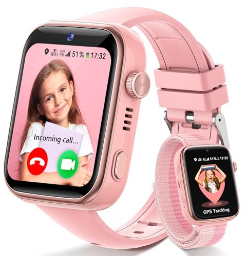 Fitnynxos 4G Smartwatch Kinder mit GPS und Telefon, Kinderuhr mit Videoanruf, SOS, Schulmodus, SMS, Sprachchat WhatsApp, Wecker, SIM, WiFi, IP68 Wasserdicht Schrittzähler Geschenk Mädchen/Jungen, Rosa