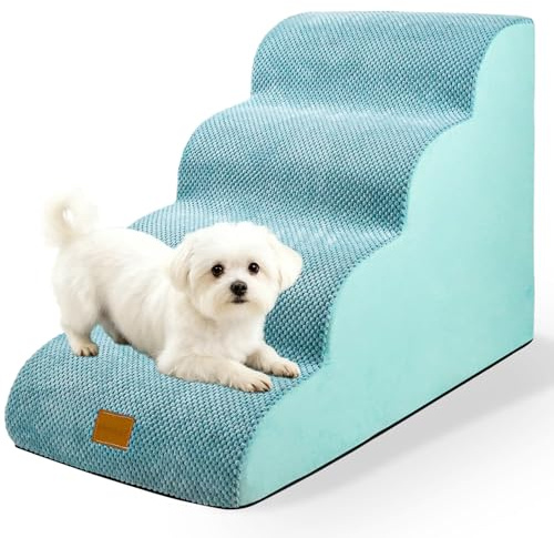 necvha Dog Steps for Bed, 4-Step Dog Stairs for Sofa, Foam Pet Ramp, Blue | High Density Sponge Pet Ladder with Removable Washable Plush Cover, Premium Pet Stairs Non-Slip Steps for Couch, 40x72x50cm