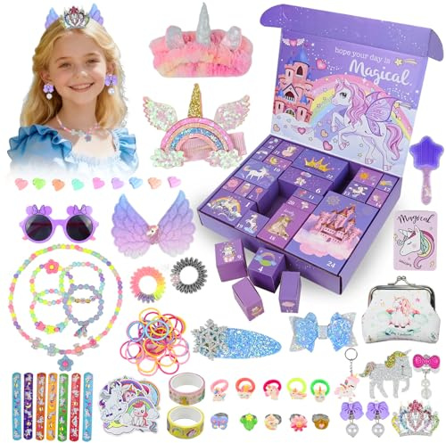 HERMORRYSS Calendario Dell'avvento per Bambini, Calendario Dell'avvento Natalizio Giocattoli, Regalo di Natale con 24 Giorni di Sorprese, Inclusi Unicorno Viola, Capelli, Anello, Collana e Portamonete