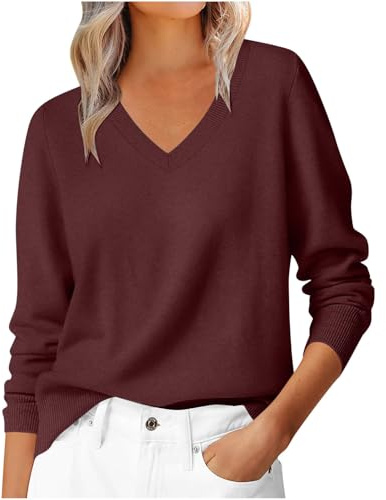 Cashmere Jumpers for Women V Neck Sweater Ladies Casual Lightweight Plain Pullover Long Sleeve Tops Dressy Fine Knit Jumpers for Women Fall Winter Tunic Blouse T-Shirt for Work Office Wine
