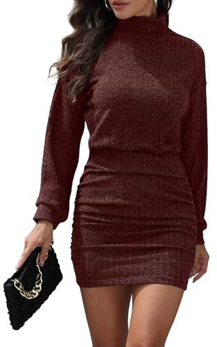 GRECERELLE Vestido de invierno sexy para mujer, vestido de punto tipo jersey con manga larga y cuello alto, énfasis en la cintura elástica y detalles de volantes, minivestido bodycon para otoño e