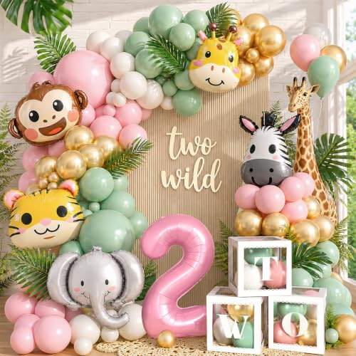 Toyssa Decoracion Cumpleaños 2 Años Niña, 137 Piezas Animales de la Selva Kit Arco para Globos Safari con Caja de Globos & Globo 2 Años, Decoración Fiesta de Segundo Niña Infantil
