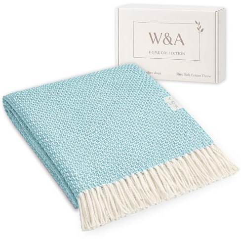 W&A Jeté de Canapé Été 130x170 cm – Plaid Léger en Coton Bouclé, Couverture Pique-Nique & Terrasse, Décoration Salon avec Coffret Cadeau Lavande (Vert d`Eau)