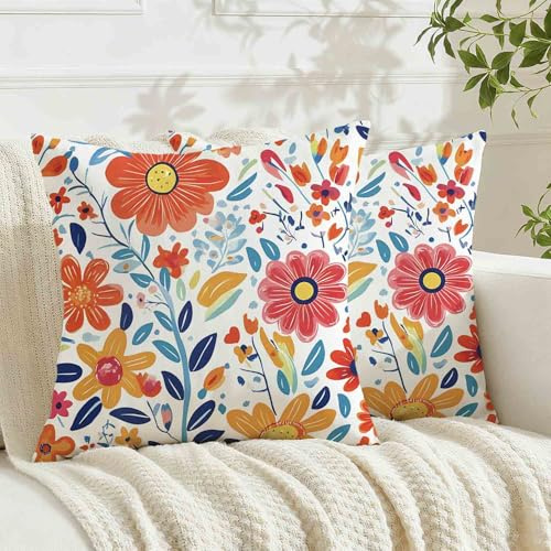 Avalune Federe per Cuscini 40x40 cm Fiori Primaverili Acquerello Copricuscini Rosso Blu Decorativi Colorato Flores Lavabile Federa per Cuscino Divano Letto Giardino Esterno Decorazione Set di 2