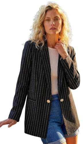 Roman Originals Pinstripe Revered Collar Blazer for Women UK - Ladies Everyday Autumn Winter Revered Collar Comfy Soft Evening Vacation Work Party Night Out