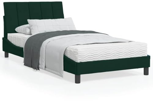 Kaloriko Hanko Letto con Materasso, Verde scuro, 100 x 200 cm, Rivestimento in velluto a forma di onde, Materasso in schiuma confortevole, H2/H3, reversibile, per camera da letto
