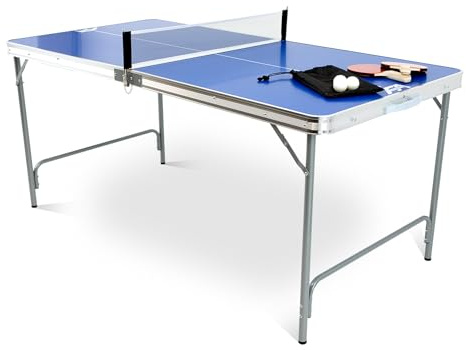 Mesa de ping pong plegable Fabula, para interiores y exteriores, tamaño mediano, 165 x 84 x 72, FASports mesa de ping pong plegable con red, raqueta y pelota