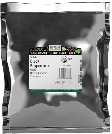 Frontier Co-op Black Peppercorns Whole, 1lb Bulk Bag - Tellicherry Black Pepper - Organic Peppercorns for Grinder Refill, Cooking, Pickling, and More | 16 Ounce (Pack of 1)