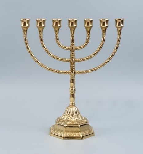 Candelabro menorá hebreo de latón pulido, con 7 brazos, tamaño grande