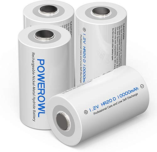 POWEROWL Rechargeable D Batteries 10000mah Low Self Discharge, NiMH, Pre-Charged, 4 Count (Recharge Universal)