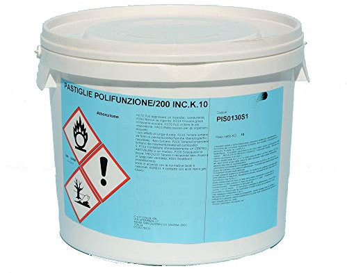 Cloro Multifunzione, Pastiglie 200 g Cloro Polifunzione Dicloro, Alghicida, Flocculante per acqua piscina kg 25