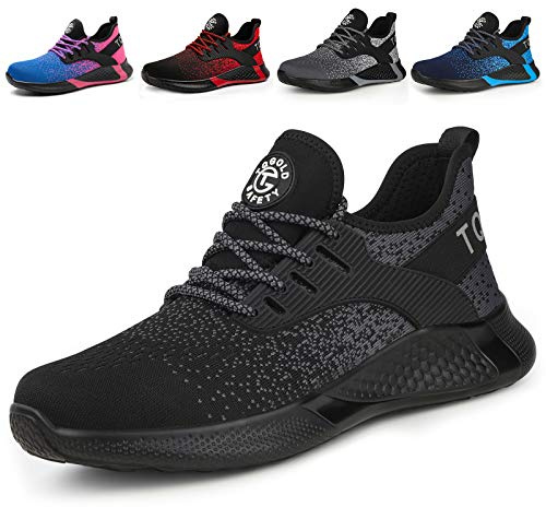AONETiger Säkerhetsskor män kvinnor lätta arbetsskor stålhätta sportiga skyddsskor andas halkfria skor sneakers, 8195 svart, 46 EU