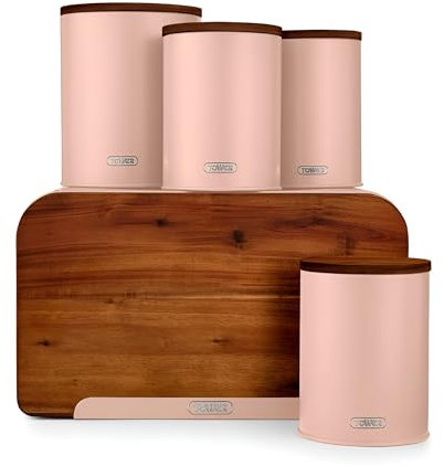 Tower Scandi 5 Piece Acacia Wood Storage Set with Bread Bin, Biscuit Barrel, Canisters, Pink Clay