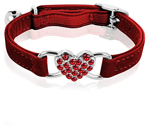 cobee Bling Heart Katzenhalsband mit Glocke, verstellbares Kätzchenhalsband mit Sicherheitsgurt, Strass Haustierhalsband für kleine Katzen und Hunde (Rot)