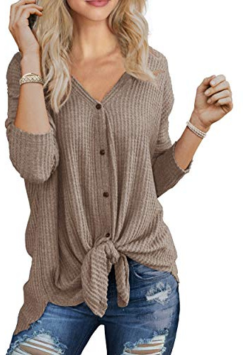 IWOLLENCE Camicia da donna a nido d'ape in maglia a tunica nodo cravatta camicetta a maniche lunghe con scollo a V Casual allentato pipistrello, 03 kaki., XL