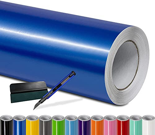 Folindo® Autofolie Blau Glanz (10€/m²) - 300 x 152 cm - Selbstklebende Car Wrapping Folie mit Luftkanälen - inkl. Rakel & Cutter - Blasenfreie Auto Folierung - Hochwertige Vinylfolie