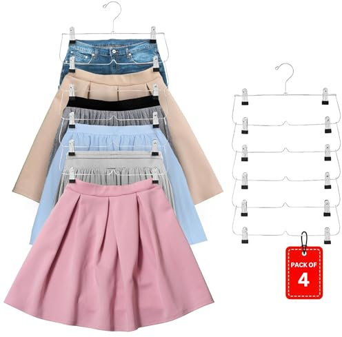 USTECH Grucce per gonne a 6 ripiani con clip, antiscivolo, multistrato, organizer per gonne, pantaloni, pantaloncini e abbigliamento da donna (confezione da 4)