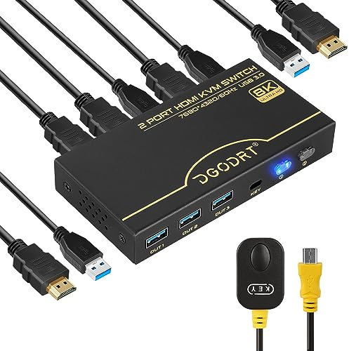 8K 60Hz HDMI KVM Switch 4K 120Hz, 2 Ports USB KVM Switch with USB 3.0 for 2 computers sharing keyboard, mouse and a HD monitor, with 2 USB 3.0 Cable and 2 HDMI 8K Cables