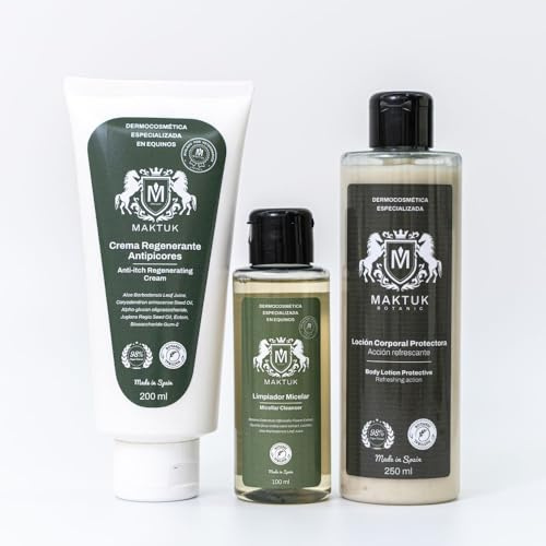 Maktuk Horses hudvårdspaket för hästar, hundar och katter. Består av regenererande anti-klåda, micellar Cleanser och Natural Protector.