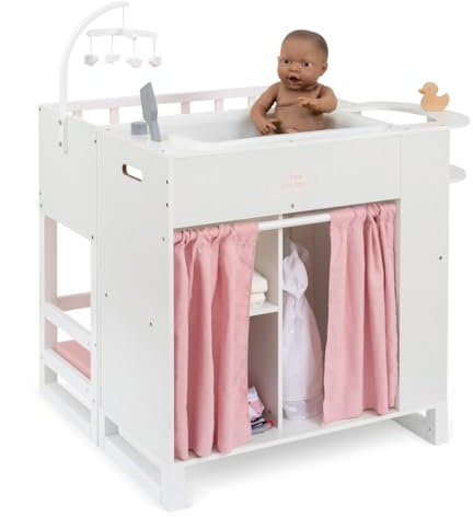 ELLA & PIET® Großes Puppenpflegecenter Nursery 6in1 aus Holz (Weiß-Rosa) Puppenbett Puppenschrank, Badewanne, Hochstuhl