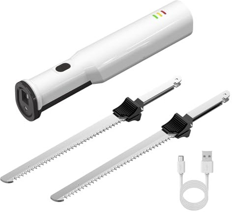 KEULEN Coltello per Affettare Carne, Coltello Elettrico per Tagliare Il Pane Senza Fili con 2 Lame Seghettate E Batteria al Litio da 8 V, Lame in Acciaio Inossidabile da 8, Blocco di Sicurezza