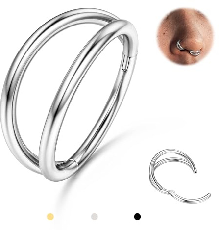BodyBonita Double Hoop Nose Ring - Silver 316L Stainless Steel Septum Clicker 18G Conch Piercing Jewelry Helix Rook Tragus Lip Rings Cartilage Earring 8 mm