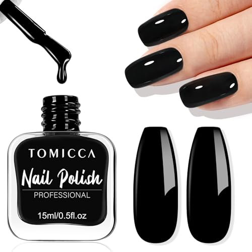 TOMICCA Schwarz Nagellack, 15ml Glänzend Schnelltrocknender Langanhaltender, Abziehbar auf Wasserbasis Nagellack für DIY Nail Art Maniküre